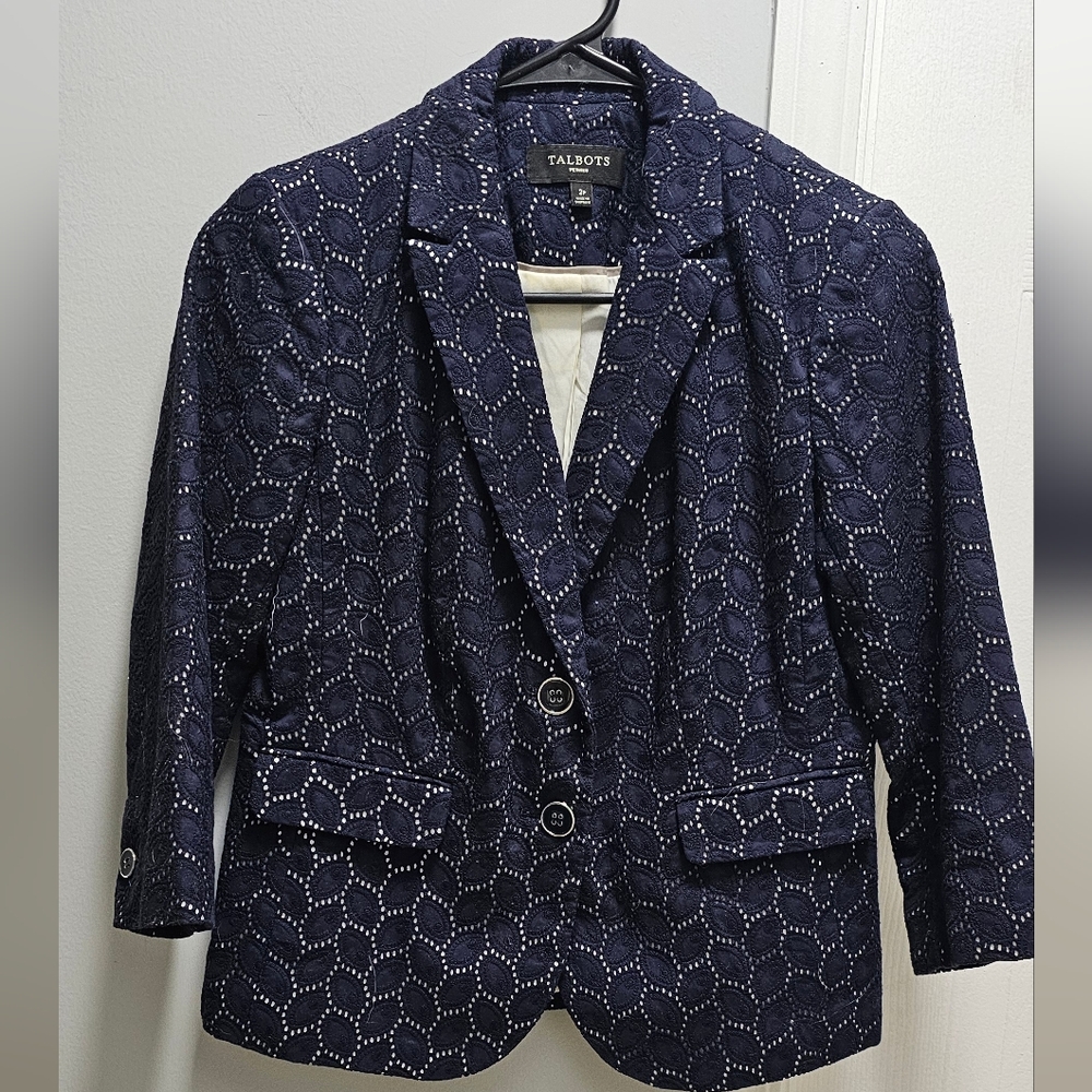 Talbots Petites Navy Eyelet Lace Blazer Jacket Size 2P | Fully Lined, Cotton, El